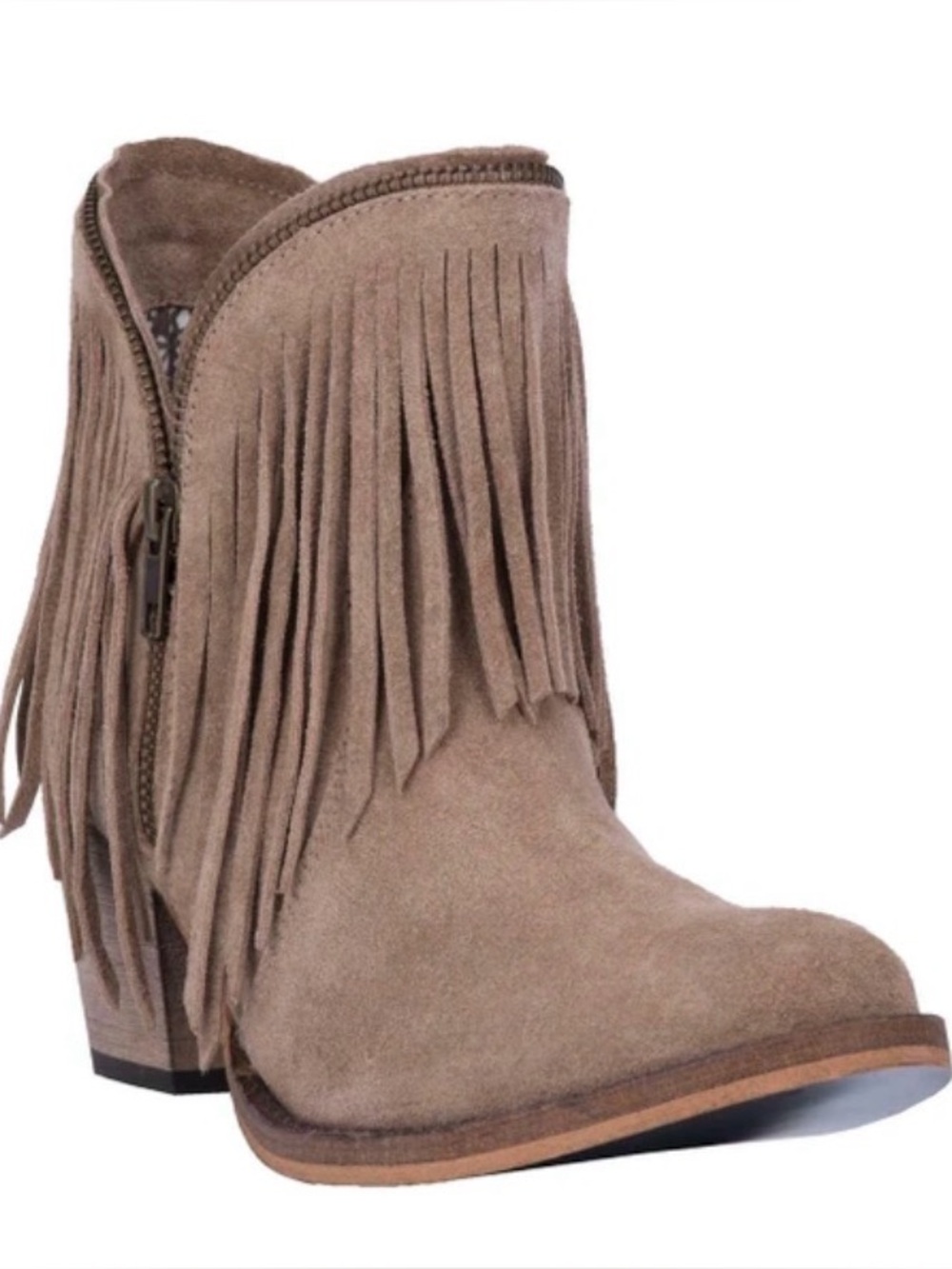 dingo Taupe Suede Fringe Ankle Booties